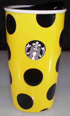2015 Starbucks Yellow Polka Dot Ceramic Travel Mug& Black lid 12 Fl oz 6" h. - Sold on eBay Apr, 22nd 2019 for $15.00