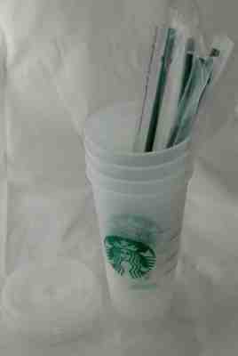 NEW 4 Starbucks Reusable Plastic Venti Cold Cups Clear Frosted 24oz & Straw  - Sold on eBay Apr, 23rd 2019 for $21.99