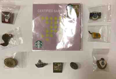 Starbucks - nice set of 10 barista apron hat pins - no duplicates!  (group 17)  - Sold on eBay Feb, 27th 2019 for $25.00