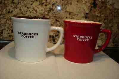 2 STARBUCKS Coffee MUGs White/brown Red/White Embossed  2009 New Bone China - Sold on eBay May, 7th 2019 for $24.16