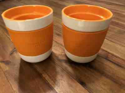 Starbucks 2009 Orange White Ceramic Tumbler 12oz Cup Mug Rubber Grip Set Of 2 - Sold on eBay May, 7th 2019 for $15.00