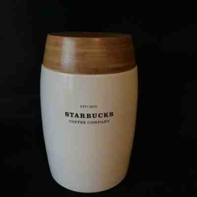 Starbucks 2009 White Ceramic Butcher Block Wood Top 48oz Coffee Canister Jar - Sold on eBay Apr, 18th 2019 for $24.00