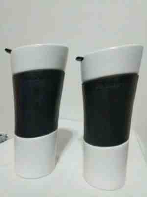Starbucks 2009 TWO White Black Rubber Grip Ceramic Travel Mug Traveler 14oz - Sold on eBay Apr, 4th 2019 for $13.99