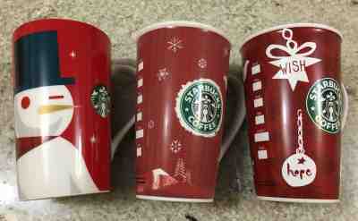3 Starbucks Holiday Christmas RED Tall Mugs  2008 2009 & 2012 Winking Snowman - Sold on eBay Mar, 25th 2019 for $9.99