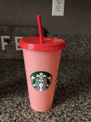 Single Starbucks Reusable COLOR CHANGING 1 Cold Cup 24oz-  Rose- Coral Red - Sold on eBay May, 9th 2019 for $17.00