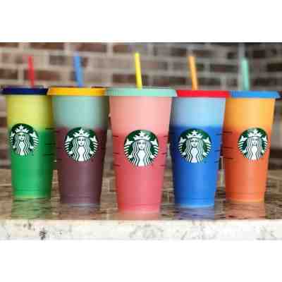 STARBUCKS COLOR CHANGING REUSABLE COLD CUPS W/STRAWS SET OF 5 - Sold on eBay May, 9th 2019 for $89.95