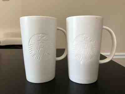 2 Starbucks Ceramic 16 oz Coffee Mugs PAIR | 2014 White Etched Siren Logo Mug - Sold on eBay May, 9th 2019 for $19.99