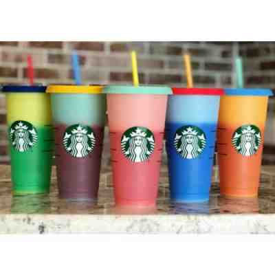 Starbucks 2019 COLOR CHANGING Reusable Cold Cup Tumbler 5 Cups Lids Straws  - Sold on eBay May, 9th 2019 for $59.99