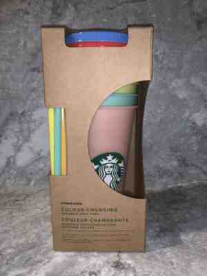 Starbucks Reusable COLOR CHANGING Cold Cup Pack of 5 + Lids + Straws 24oz Colour - Sold on eBay May, 9th 2019 for $66.99
