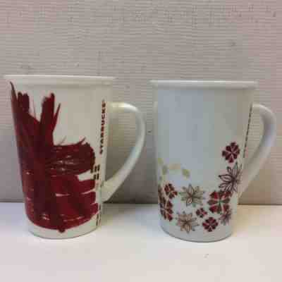 Lot of 2? Pair Starbucks Red Floral Burst Gold Star Snowflake Coffee Mugs 12-oz - Sold on eBay May, 8th 2019 for $13.95