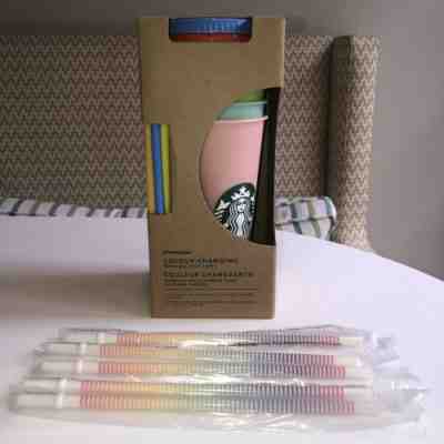 Starbucks COLOR CHANGING Reusable Cold Cups Plus 5 EXTRA Rainbow Straws - Sold on eBay May, 8th 2019 for $75.00