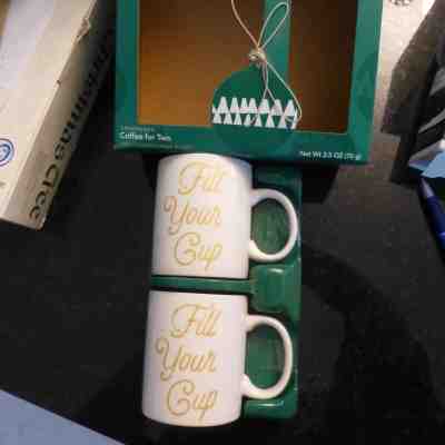 NIB set of 2 Starbucks ceramic cups gold lettering Fill Your Cup - free ship -O - Sold on eBay May, 12th 2019 for $18.50