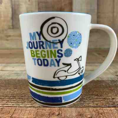 Starbucks Coffee Mug My Journey Begins Today 2008 Vespa 14 oz Aqua White Cup - Sold on eBay May, 12th 2019 for $15.99