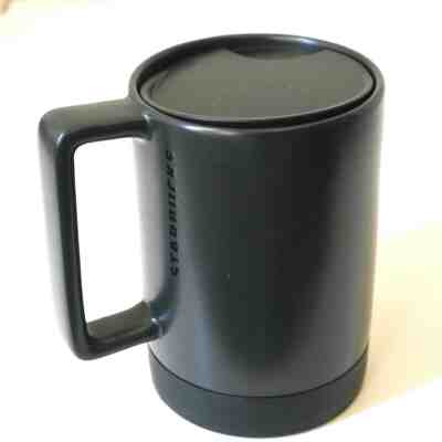 STARBUCKS Black 14oz Coffee Mug Non Slip Rubber Travel Ceramic Desktop w/ Lid - Sold on eBay May, 12th 2019 for $26.99
