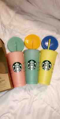 Starbucks Color Changing Reusable Cold Cup Tumbler Pack of 3w/ Lids Straws 24oz - Sold on eBay May, 12th 2019 for $40.00