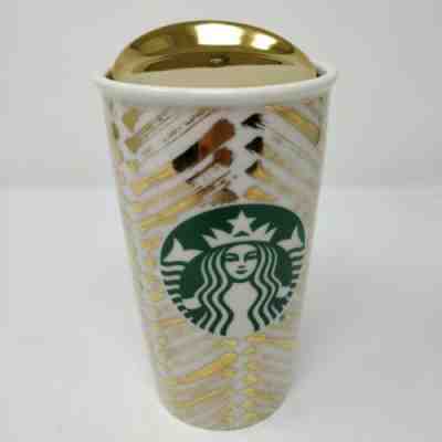 Starbucks 2015 Holiday Golden Chevron Mermaid Ceramic Tumbler Mug w/ Lid 12 Oz. - Sold on eBay May, 12th 2019 for $32.00