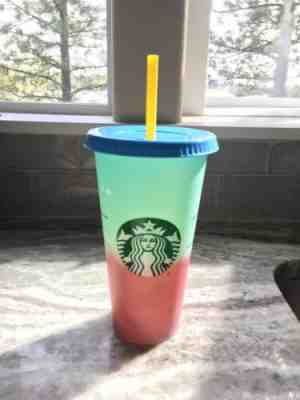 Starbucks Color Changing Cold Cup. Arctic To Raspberry, Blue Lid & Yellow Straw - Sold on eBay May, 12th 2019 for $18.00