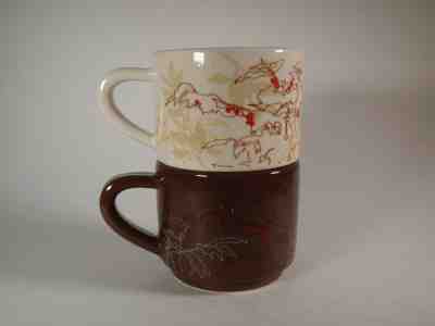 2009 Starbucks Stackable Coffee Mugs Set 2 Brown White Leaves Trees Berries 10oz - Sold on eBay Feb, 25th 2019 for $17.00