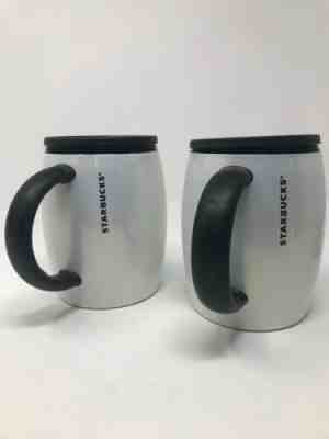 Set Of 2 2013 Starbucks White Mule Barrel Metal Coffee/Tea Mug Black Plastic Lid - Sold on eBay May, 12th 2019 for $24.99