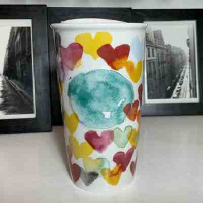 STARBUCKS 2015 Watercolor Hearts Ceramic Mug 10 oz Travel Tumbler With Lid - HTF - Sold on eBay May, 8th 2019 for $21.21