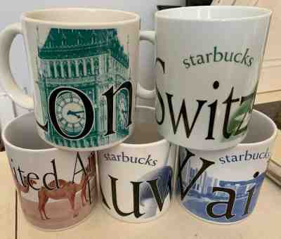 LOT of 5 Old Style STARBUCKS CITY MUGS: Emirates, Kuwait, Waikiki, London, Switz - Sold on eBay Apr, 30th 2019 for $31.99