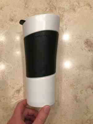 Starbucks White Ceramic Porcelain Travel Mug w/ Black Rubber Grip 2009 14oz - #1 - Sold on eBay May, 15th 2019 for $20.00