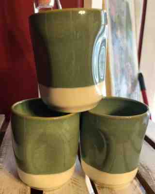 Starbucks 2008 Set of 3 Green White Pottery Coffee Cups Indented Sides 8 Oz. - Sold on eBay May, 14th 2019 for $15.00
