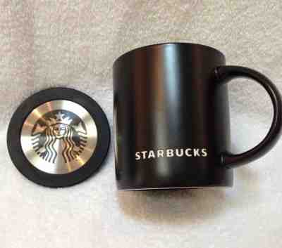 Starbucks 2010 Etched "STARBUCKS" BLACK 14 Oz MUG + Mermaid Rubber COASTER LID - Sold on eBay May, 14th 2019 for $34.68