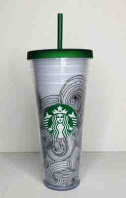 EUC Starbucks 2012 24Oz Venti Double Walled Tumbler Green Swirls Includes Straw - Sold on eBay May, 6th 2019 for $10.00