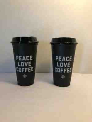 Set of 2 Starbucks Reusable PEACE LOVE COFFEE Black Coffee Cup 2018 RARE NEW - Sold on eBay May, 14th 2019 for $18.99