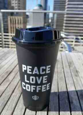 Starbucks Reusable Plastic Grande Coffee Cup Tumbler PEACE LOVE COFFEE 16 oz - Sold on eBay May, 11th 2019 for $9.00