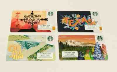4 Starbucks Cards 2018 Boston California Texas Washington City State Lot Set - Sold on eBay Apr, 25th 2019 for $9.99