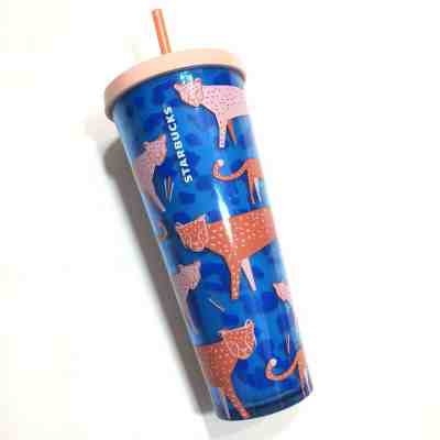 Starbucks 2018 Cheetah Venti Tumbler Summer Cold Cup Coral Blue Pink Brand New - Sold on eBay May, 22nd 2019 for $30.00