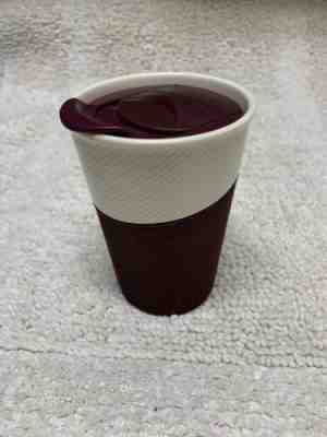 STARBUCKS 2014 Ceramic 8 oz Travel Tumbler Rubber Grip Coffee Cup Maroon/ White - Sold on eBay May, 22nd 2019 for $11.98