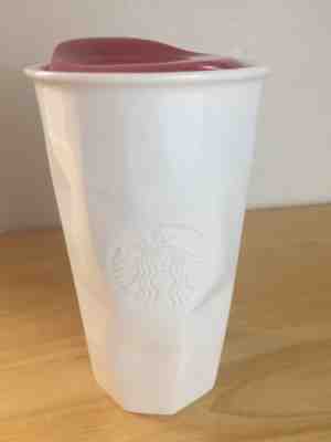 Starbucks White  w/red lid Holiday Ceramic travel tumbler 10oz 2013 - Sold on eBay May, 21st 2019 for $16.20