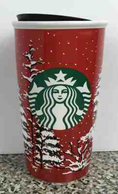 Starbucks 2016 Holiday Red Ceramic Coffee Tumbler Christmas Snowy Trees 12 oz - Sold on eBay May, 22nd 2019 for $29.95