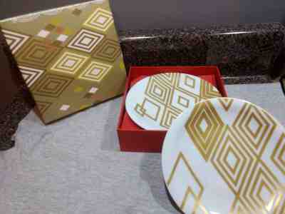 4 Rosanna Starbucks Plates In Box Germany Gold and White Abstract Design  - Sold on eBay May, 18th 2019 for $15.00