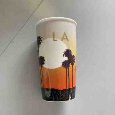 Starbucks 2015 LA Los Angeles Sunset Glass Tumbler Travel Mug Cup Gold Lid - Sold on eBay May, 18th 2019 for $39.99
