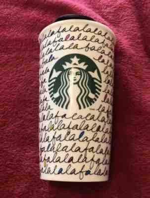 STARBUCKS 2011 Fa La La  Ceramic Dbl Wall Travel Tumbler 12 oz With Lid - Sold on eBay May, 16th 2019 for $25.00