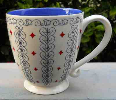 Starbucks Barista 2003 Blue Scroll Red Diamond White Mug 16 fl. oz. 4 1/2" Tall - Sold on eBay May, 20th 2019 for $18.95