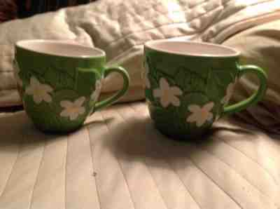 TWO 2006 STARBUCKS Raised Relief Green Leaves Tropical Flowers Coffee Tea Mugs