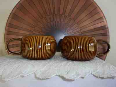 2 STARBUCKS COFFEE  Coffee Cup Mug Stacking Coconut Stripes Hazel Brown 2013  - Sold on eBay May, 12th 2019 for $5.99