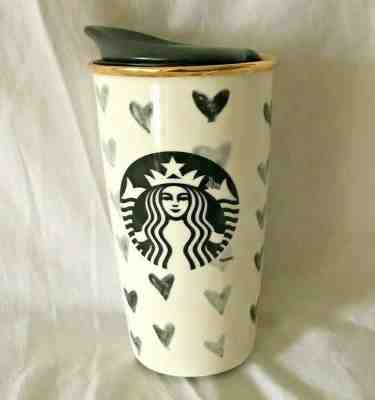 2014 Starbucks Black & White Hearts Ceramic Go Cup Tumbler DOT Collection 12 oz - Sold on eBay May, 16th 2019 for $16.21