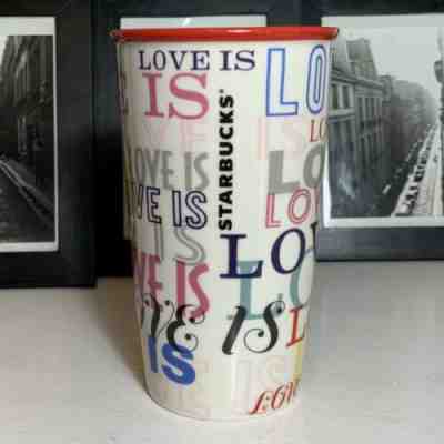 STARBUCKS COFFEE 2017 LOVE IS LOVE Ceramic Travel Cup 12 Oz EUC No Lid - Sold on eBay May, 16th 2019 for $16.16