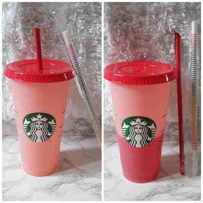 Single Starbucks Reusable COLOR CHANGING 1 Cold Cup 24oz-  Rose - Coral Red  - Sold on eBay May, 31st 2019 for $18.00