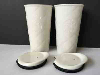 Set of 2 Starbucks White Quilted Mugs 2012 With Lids Double Wall 10 oz - Sold on eBay May, 31st 2019 for $20.00