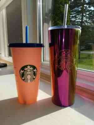 NEW STARBUCKS TUMBLER COLD CUP IRIDESCENT 24 fl AND PINK COLOR CHANGING CUP RARE - Sold on eBay May, 31st 2019 for $62.00