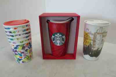 Lot of 3 Starbucks Tumbler Travel Mugs + Lid 2016 10oz Floral, 2015 12oz Seattle - Sold on eBay May, 31st 2019 for $15.50