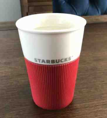 2011 Starbucks Red Rubber Sleeve Grip New Bone China Travel Mug Cup 8 oz No Lid - Sold on eBay May, 30th 2019 for $15.50