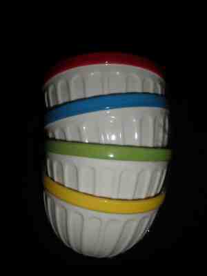 Set 4 White Ribbed Ice Cream Bowls With Primary Colors, No Chips Starbucks 2007 - Sold on eBay Jun, 1st 2019 for $26.99